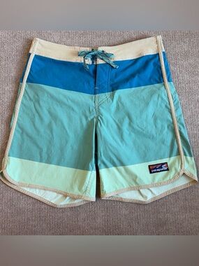 Patagonia Men’s Teal & Blue Striped Swim Board Shorts